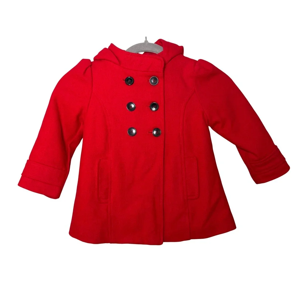 Old Navy Girls 3T Red Wool Blend Hooded Peacoat Double Breasted Jacket EUC